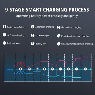 Швидкий зарядний пристрій Haisito 12V/24V 20A для акумуляторів автомобілів, мотоциклів, Li-Ion, AGM, Gel, MF, EFB, SLA, VRLA - розумний, швидкий зарядний пристрій