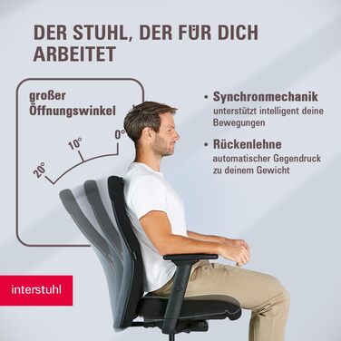 Ергономічне офісне крісло Interstuhl Edge Soft: синхромеханізм, 4D-підлокітники, підтримка попереку, чорне, Made in Germany
