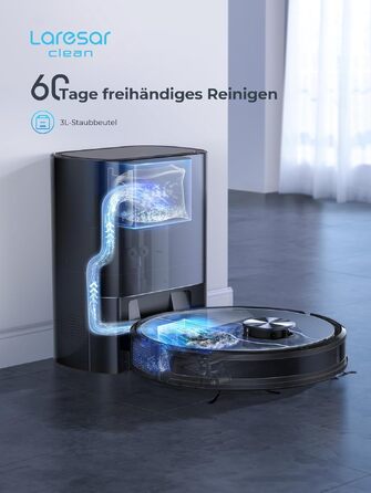 Робот-пилосос Laresar Clean L6 Nex з функцією вологого прибирання та станцією самоочищення, потужність всмоктування 10000Па, LiDAR навігація, акумулятор до 180 хв, 3-в-1 (підмітання, миття, пилосос), для шерсті тварин, чорний