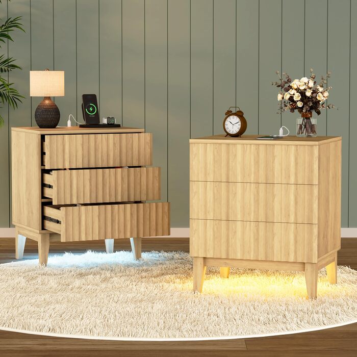 LED тумбочка Gurexl з бездротовою зарядкою, 3 ящики, USB & Type-C, з датчиком руху, для спальні, вітальні, офісу, чорна (2, дуб, 3 ящики)