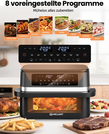 Аерофритюрниця WELLENT 12L Dual Zone XXL - двокамерна фритюрниця з гарячим повітрям 2950W (6+6Л), з вікном перегляду, функціями Match & Sync та нагадуванням про струшування, придатна для посудомийки