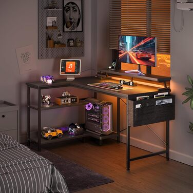 Ігровий кутовий стіл Coleshome з полицями та USB-розетками, з LED-підсвіткою для дому та офісу