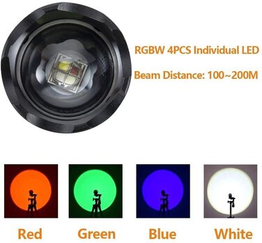 Alonefire X37 Тактичний LED ліхтар 4 кольори (зелений, синій, білий, червоний) RGB, USB-зарядка, водонепроникний, зум, з акумулятором і Powerbank для полювання, поліції, виживання, екстрених ситуацій, для вулиці
