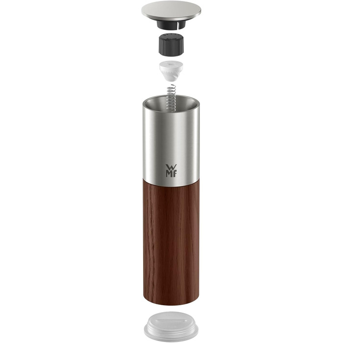 Мельниця для спецій WMF Nature Pro – соляна та перечна мельниця з керамічним механізмом, регульованим ступенем помелу, легко заповнюється, кришкою для захисту аромату, довговічний нержавіючий сталь та дерево, ручна (темно-коричнева)