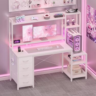 Ігровий стіл YOUDENOVA з шухлядами та полицями, 130x48 см, з LED-підсвіткою, розеткою та USB, стіл для комп'ютера з підставкою для монітора та тримачем для навушників, білий карбон