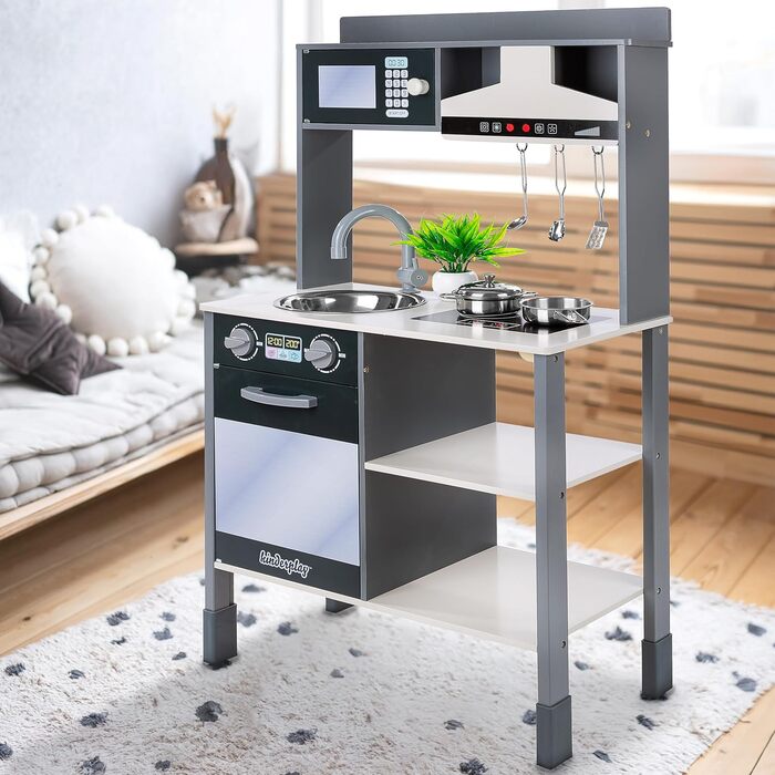 Дерев'яна дитяча кухня Kinderplay з LED та звуками приготування їжі, регульована висота 92–107 см, іграшкова кухня для ролевих ігор від 3 років, повний комплект з аксесуарами, світло-сірий (Modern - Grau)