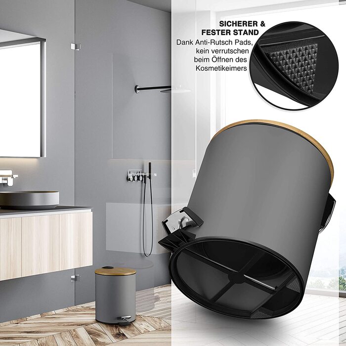 Косметичне відро VMbathrooms 5 л, сіре, з м'яким закриттям, бамбукова кришка, для ванної кімнати