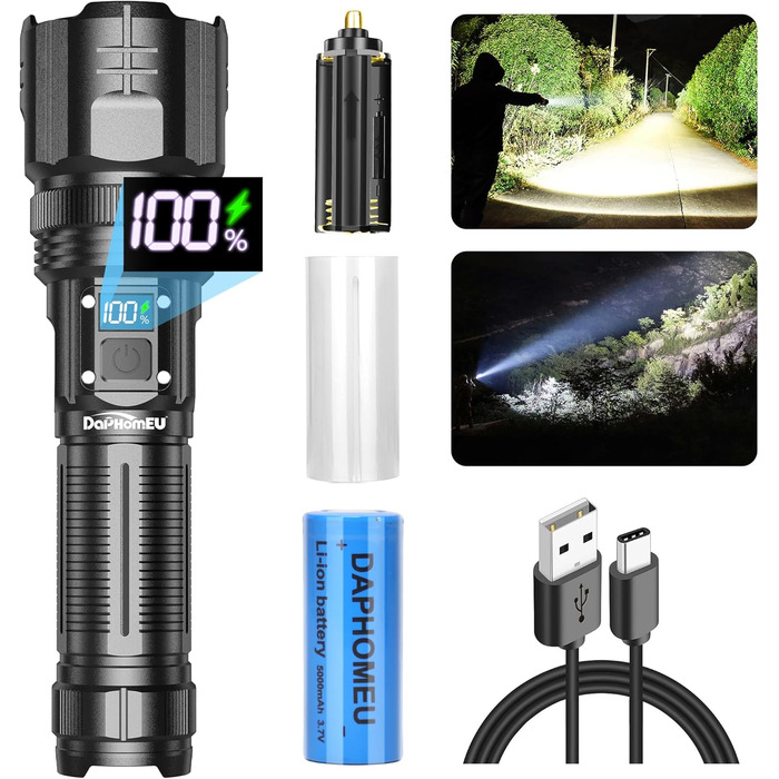 Ліхтарик daphomeu LED, акумуляторний, 500000 люмен, надяскравий, тактичний, зум, водонепроникний, 5 режимів, для кемпінгу, туризму, екстрених ситуацій (1 шт.)
