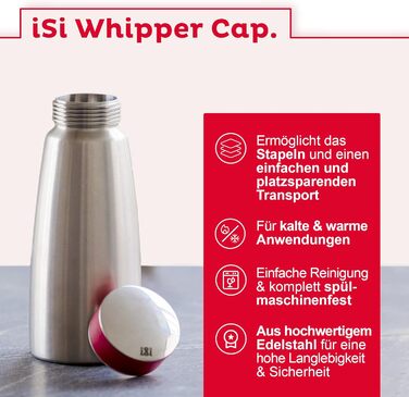 ISI Gourmet Whip набір для збивання вершків 0,5 л з 6 упаковками по 10 капсул і кришкою – сифоновий спрейер для вершків, супів, мусів та десертів, 100% нержавіюча сталь, вироблено в Австрії