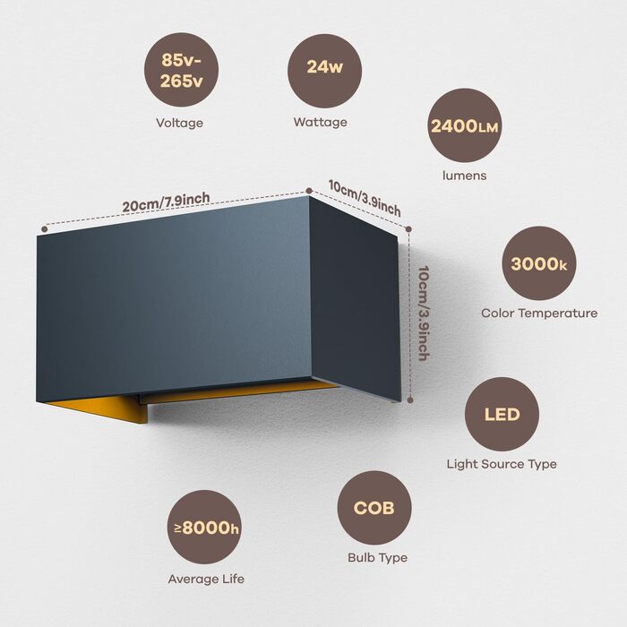 Стіна LED-світильник vatato 24W, тепле біле світло 3000K, вологозахищений IP65, алюмінієва настінна лампа для вулиці та дому з регульованим кутом нахилу, антрацит