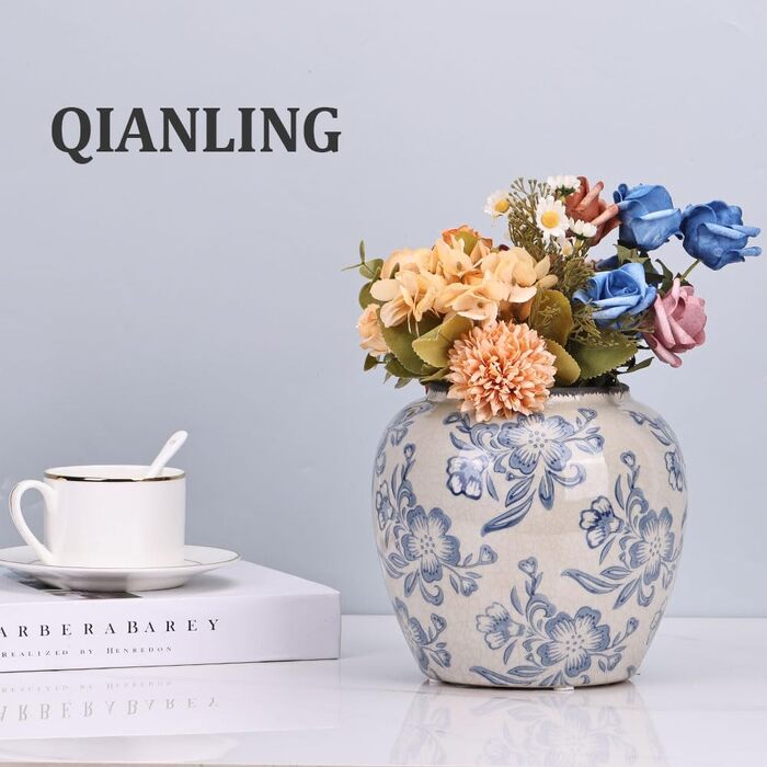 Ваза керамічна Blau-weiße Chinoiserie 27.9 см вінтажна для квітів та декорацій в стилі рустик, блакитна ваза для букета