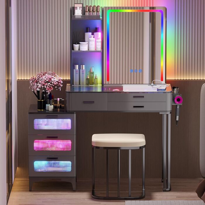 Туалетний столик з підсвіткою RGB, LED дзеркалом, табуретом, 6 шухлядами, скляною стільницею, тримачем для фену, USB Type-C, чорний