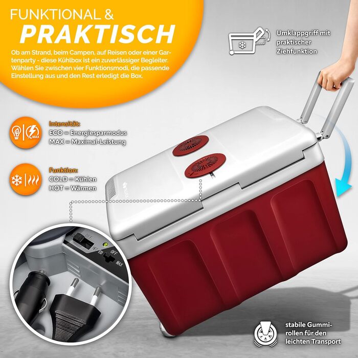 Автомобільний холодильник Tillvex 40л електричний з колесами (230V/12V) - охолодження та підігрів, ECO-режим, червоний