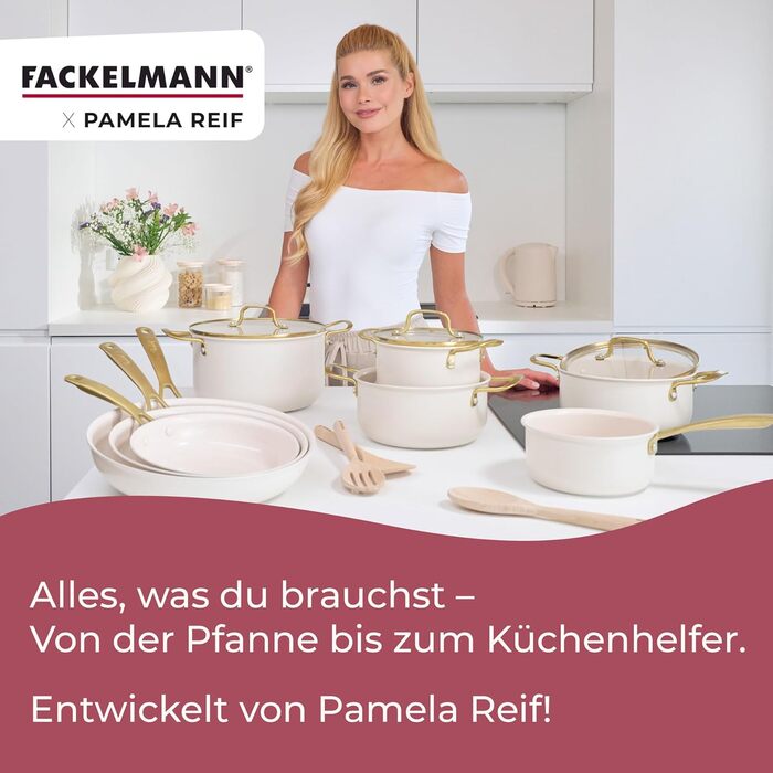 Набір сковорідок FACKELMANN x Pamela Reif, 3 шт. (діаметр 20-24-28 см) – з переробленого алюмінію, пастельно-бежевий, керамічне покриття без PFAS, стійке до 160 °C, для всіх типів плит