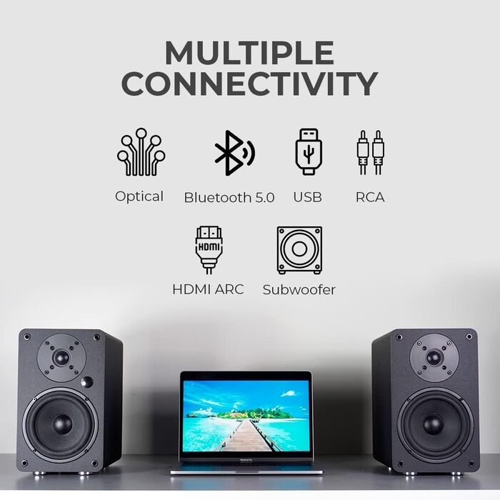 VULKKANO A5 ARC Поличкові колонки Bluetooth 5.0 з HDMI ARC, оптичним входом, RCA, USB, вихід для сабвуфера, коричневі