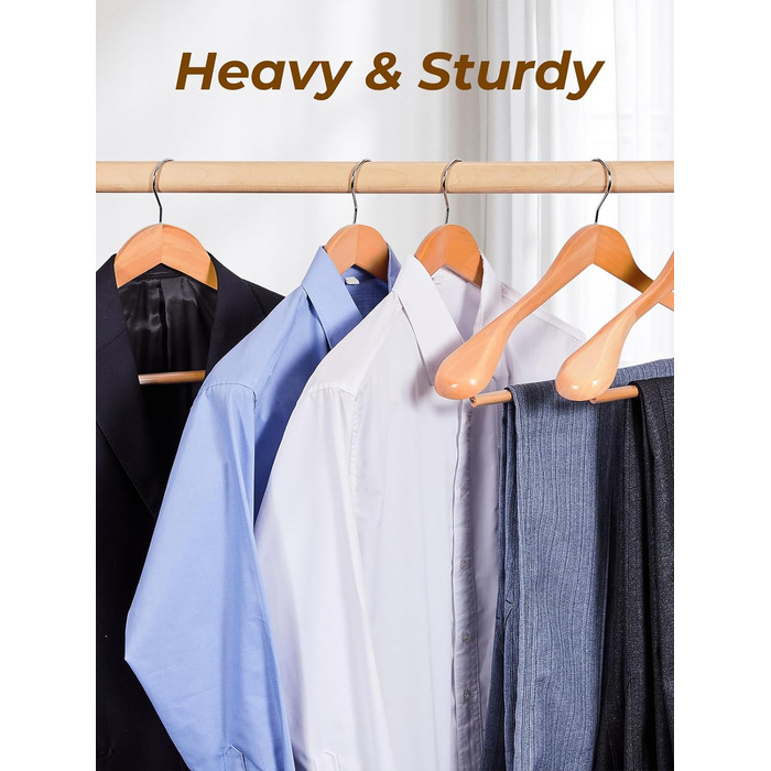 Дерев'яні вішалки HOUSE DAY для костюмів, 6 шт, широкі плечі, нековзкі, з обертовим гачком, для піджаків, сорочок, пальт, штанів, натуральний колір