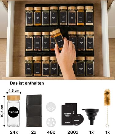 Органайзер для спецій у шухляду Deco haus®: набір з 24 скляних баночок з бамбуковими кришками та етикетками, чорний
