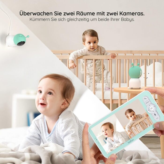 BOIFUN Додаткова камера для немовлят 6T 2K WiFi: відеоняня з нічником, датчиком руху/плачу/звуку, AI-відстеженням, датчиком температури та вологості, записом відео