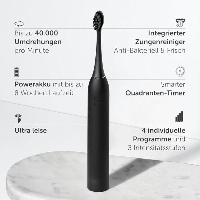 Електрична зубна щітка Wondersmile PRO - переможець тесту 2025 - 100 днів без ризику - сертифікована TÜV - 4 режими, акумулятор 60 днів, розумна насадка (Ultimate Black)