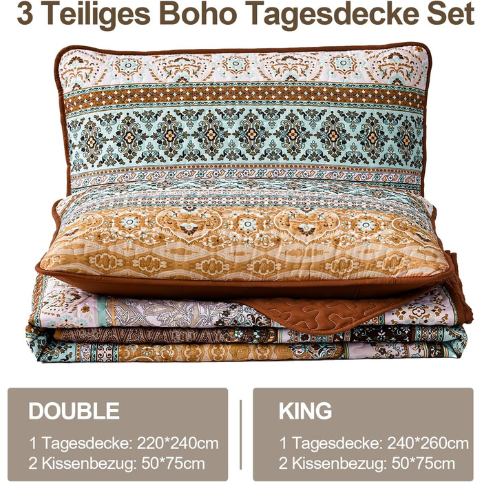 Покривало WONGS BEDDING Boho 220x240 см, стьобане, мікрофібра, 3 предмети: покривало і 2 наволочки 50x75, блакитне, для двоспального ліжка, спальня або диван