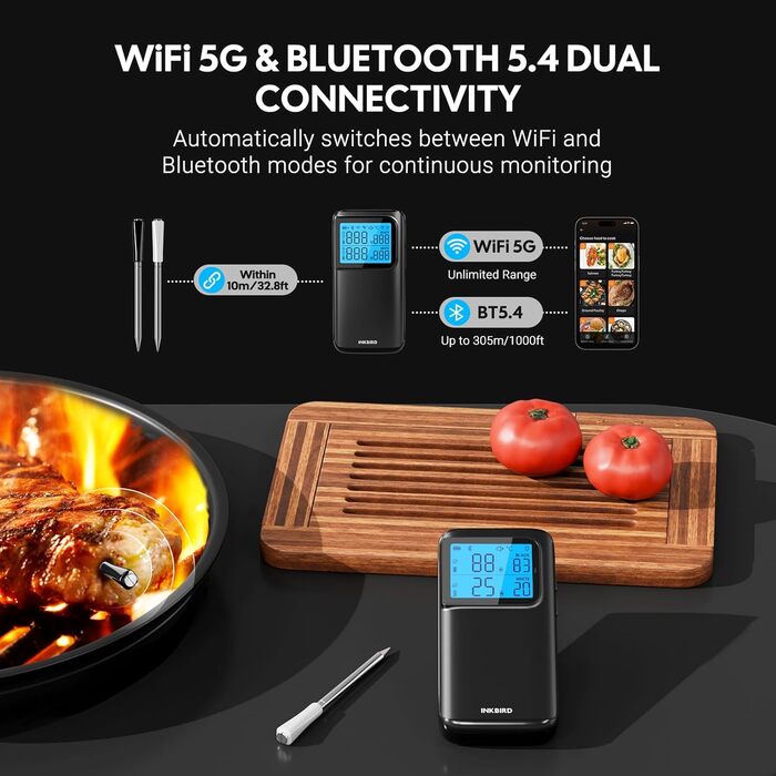 Бездротовий термометр для м'яса INKBIRD INT-12E-BW з Wi-Fi, Bluetooth, 2 зонди, 5 сенсорів. Для гриля, BBQ, духовки, кухні, ротатерії, Airfryer.