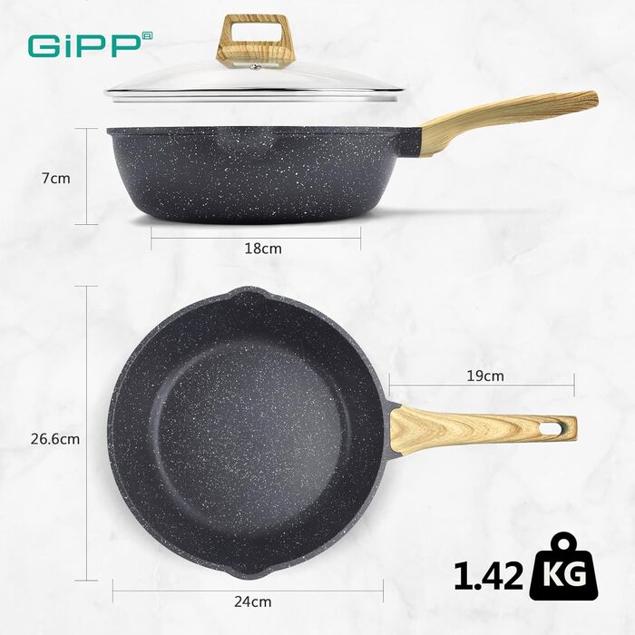 Wok-сковорода GiPP з високим бортиком, 24 см, керамічне антипригарне покриття, з кришкою, 4.3 л, для всіх типів плит, білий (сірий), PFOS/PFOA-free