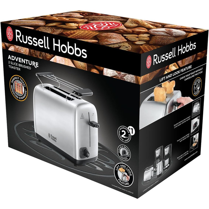 Тостер Russell Hobbs Adventure нержавіюча сталь на 2 тости, широкі слоти, підставка для булочок, 6 режимів, розморожування, підігрів, Lift & Look, 850W