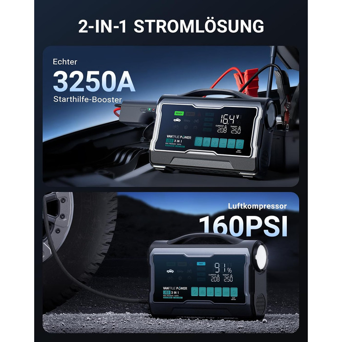 Пусковий пристрій для авто VANTRUE POWER JS3: бустер-павербанк з компресором 160 PSI, чорно-сріблястий