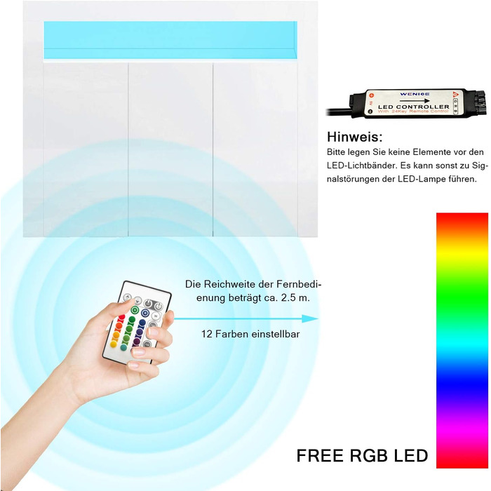 Комод SUNXURY з LED підсвіткою, білий глянець, для вітальні, кухні чи спальні, 90x35x83 см