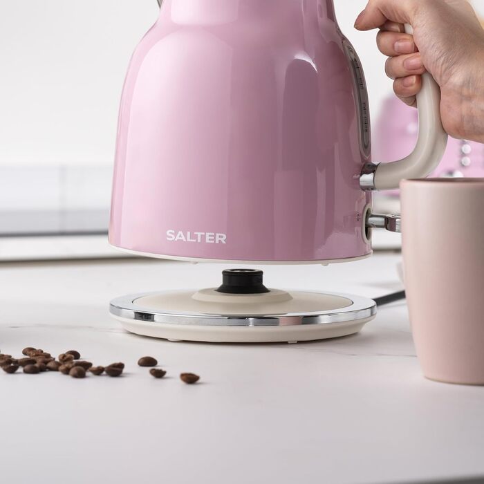 Електрочайник Salter Retro 1,7 л, 3 кВт, бездротовий, рожевий, знімний фільтр від накипу, захист від перегріву, авто вимкнення, індикатор рівня води, EK5737PNKVDE