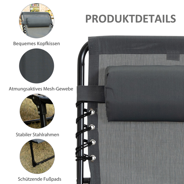 Складний садовий шезлонг Outsuuny Sun Lounger з подушкою, бічна кишеня, шезлонг з регульованою спинкою в 5 напрямках, стійкий до погодних умов шезлонг для кемпінгу з навантаженням до 120 кг, для садового пляжного басейну, сірий