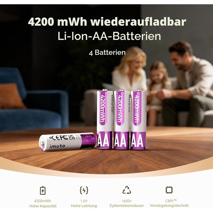 Набір літієвих акумуляторів imuto AA 1.5V (8 шт) з зарядним пристроєм, 3000mWh, 2500 циклів зарядки