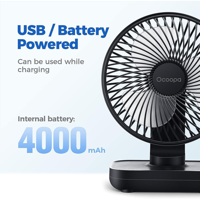 Вентилятор USB OCOOPA портативний - тихий, 4000mAh, 4 швидкості, настільний, для дому та офісу, чорний/темно-синій