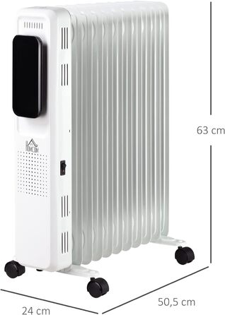 Електричний масляний радіатор HOMCOM 2500 Вт, 11 секцій, 3 режими, таймер, переносний, сталевий, білий, на колесах
