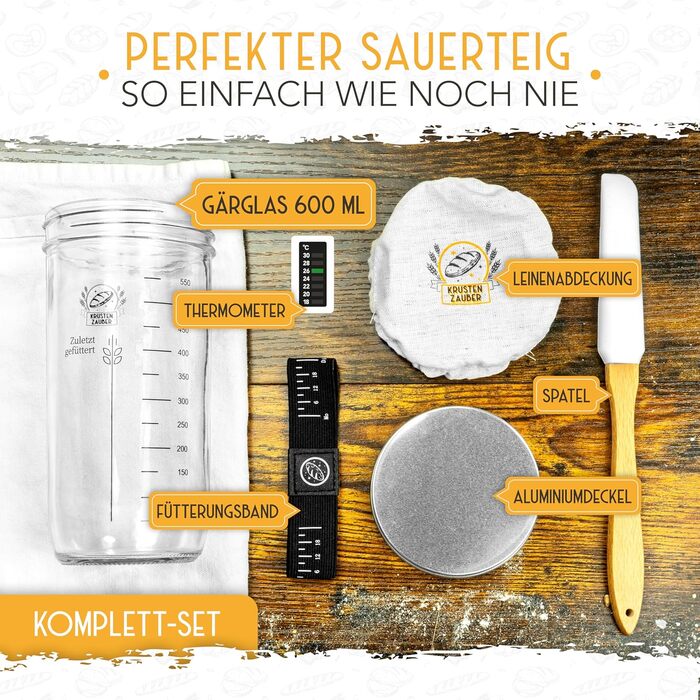 Набір для випічки хліба з закваскою Krustenzauber: 2 гнізда для бродіння, 600 мл закваски, аксесуари (гнізда з ротангу, гнітільне полотно, склянка для закваски, лопатка, ніж для хліба)