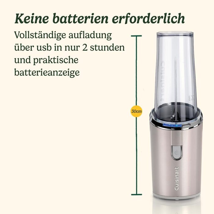 Портативний блендер Cuisinart 450 мл, акумуляторний, USB, для смузі, льоду, фрапе, молочних коктейлів, BPA-free Tritan, з кришкою та стаціонарною підставкою