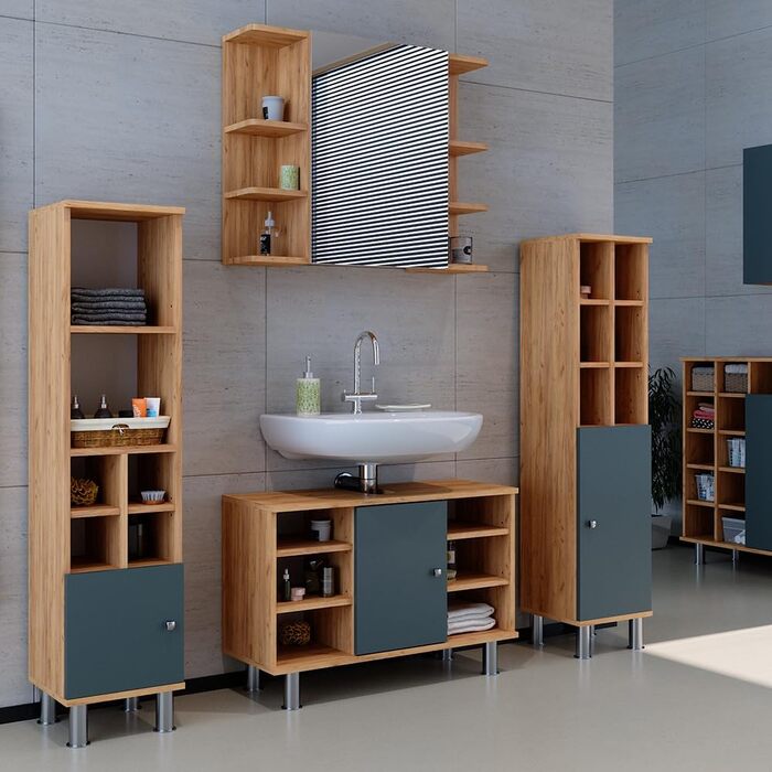 Пенал для ванної Vicco Fynn, зелений/дуб золотий, 30x130,6 см, з великою дверцятю