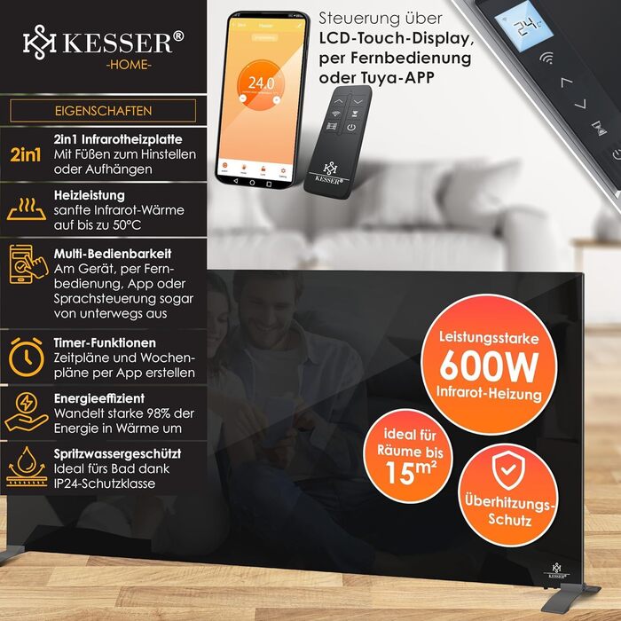Інфрачервоний обігрівач KESSER 600 Вт, скляний конвектор, енергоощадний, 2-в-1: підлоговий і настінний, електрообігрівач з датчиком відкритого вікна, термостатом, дистанційним керуванням і керуванням через додаток, чорний
