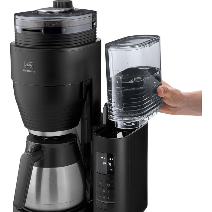 Кавоварка Melitta AromaFresh Therm Pro X з млином, термокухлем і знімним резервуаром для води, фільтраційна кавомашина на 8 чашок, чорна