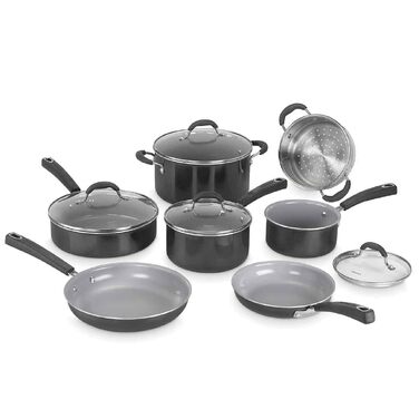 Набір посуду Cuisinart Ceramica XT 11 предметів: каструлі, сковороди, сотейник, пароварка, антипригарне керамічне покриття з титановим зміцненням, без PTFE, PFOA та PFAS, чорний