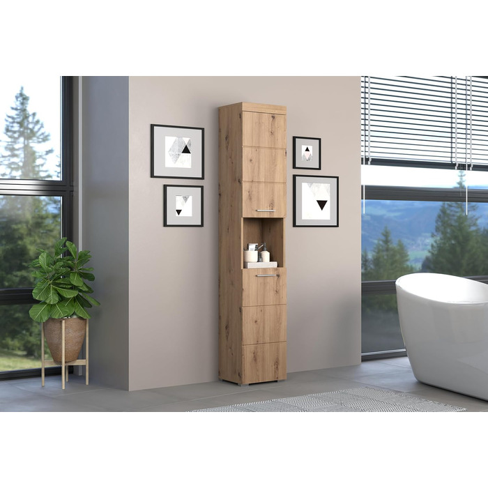 Висока шафа для ванної кімнати trendteam Amanda, 37x190x31 см, колір дуб Асте, Badschrank, сучасний дизайн
