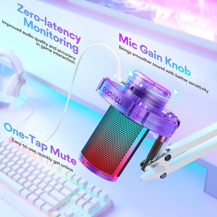 MAONO USB ігровий мікрофон з шумозаглушенням, RGB конденсаторний мікрофон для стрімінгу, подкастів, Twitch, YouTube, Discord, ПК, Mac, PS4, PS5, модель DGM20S, фіолетовий