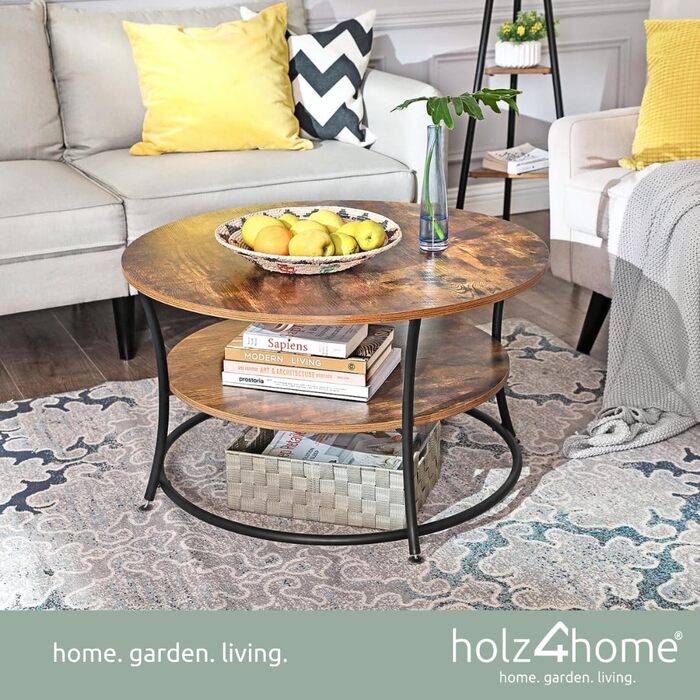 Журнальний стіл holz4home Lillie круглий, з полицею, індустріальний стиль, легка збірка, коричневий