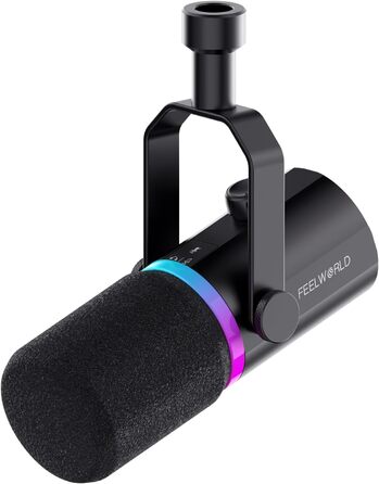 FEELWORLD PM1: Динамічний мікрофон XLR/USB з RGB-підсвіткою для подкастів, YouTube, геймінгу та студії. З навушником, підставкою та кабелем.