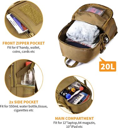 Тактичний рюкзак HUNTVP 20 л водостійкий Molle для спорту, школи, ноутбука, міський, військовий, коричневий