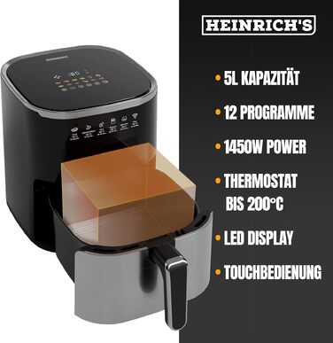 Аерофритюрниця HEINRICHS XXL 9L 10-в-1 з LED-дисплеєм та сенсорним керуванням, потужність 1800W, кошик, що миється в посудомийній машині