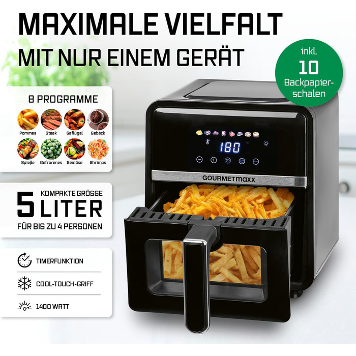 Фритюрниця повітряна GOURMETmaxx з 2 камерами, 10л, вертикальна, з сенсорним дисплеєм