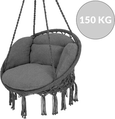 DETEX® Гамак-крісло підвісне до 150 кг, Boho стиль, стійке до погодних умов, сертифікат GS, для саду, 360° обертання, антрацит, для дому та вулиці, з зручною подушкою