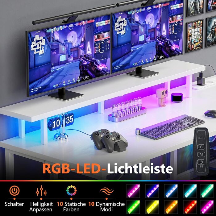 Кутовий ігровий стіл YOUDENOVA L-подібний з LED-підсвіткою, 4 шухлядами та розеткою, комп'ютерний стіл для геймерів та офісу з полицею для монітора, білий, 142x107 см