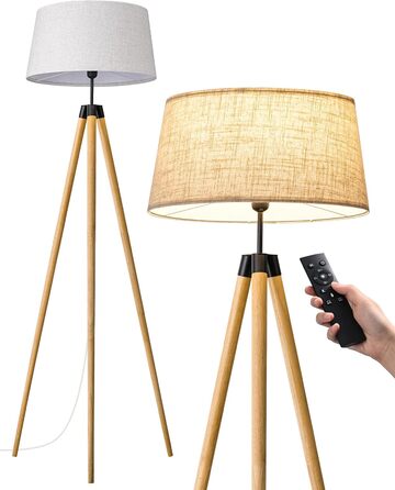 Торшер EDISHINE з диммером, тринога з дерева, дистанційне керування, LED E27, таймер, 3 кольори світла, льняний абажур, вінтажний стиль, для вітальні